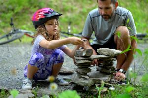 Emery on Trail with Rock Sculpture